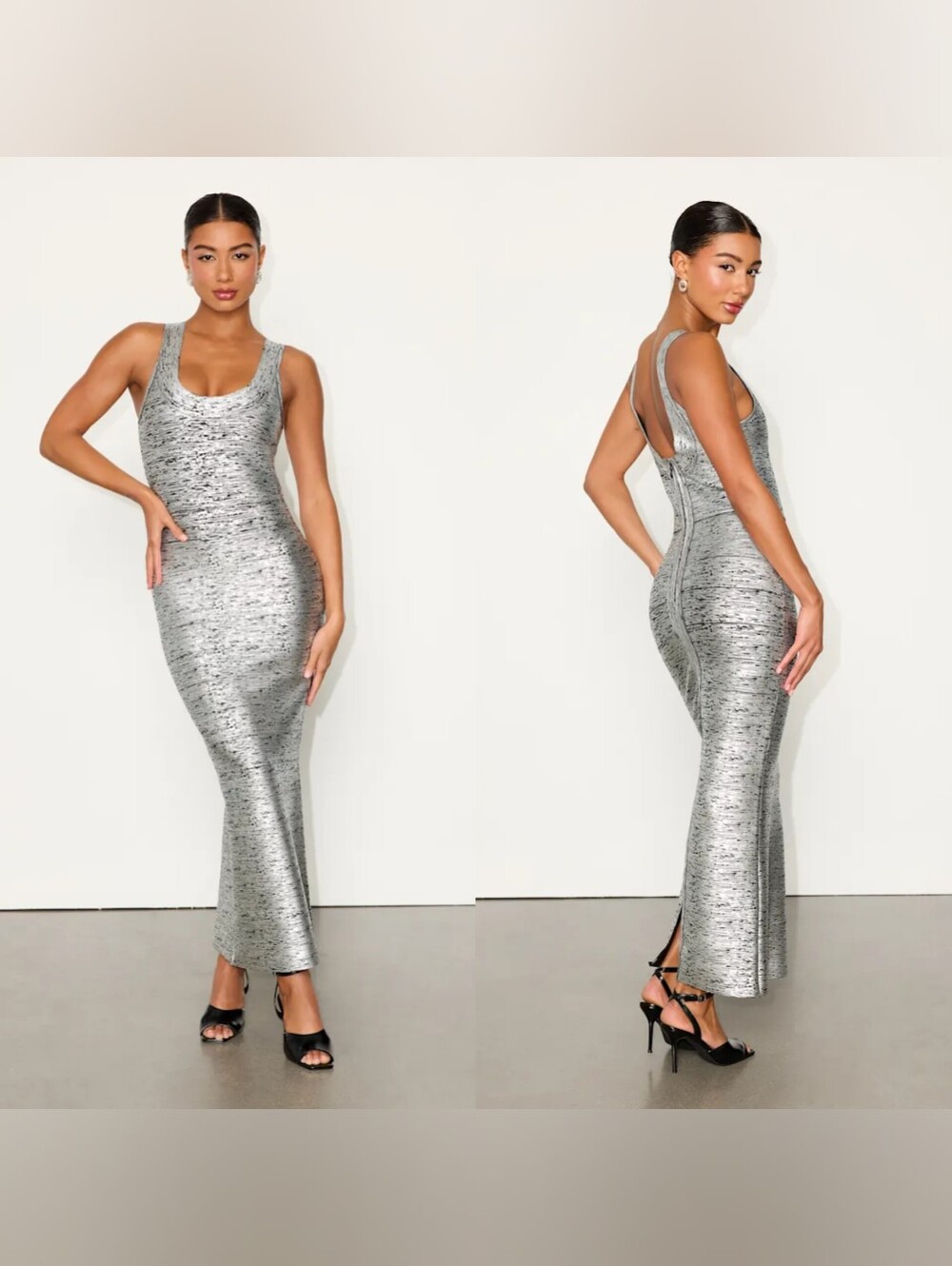 Lulus Raveena Silver Abstract Bandage Bodycon Maxi Dress S Wedding Party Prom